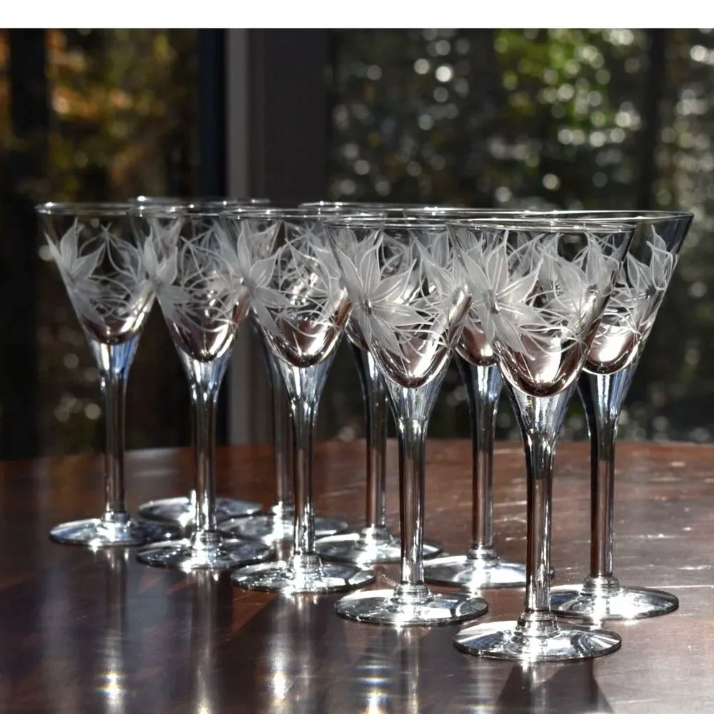 Set of 10 Hand-Blown & Etched Wine Glasses – UNK257 Pattern